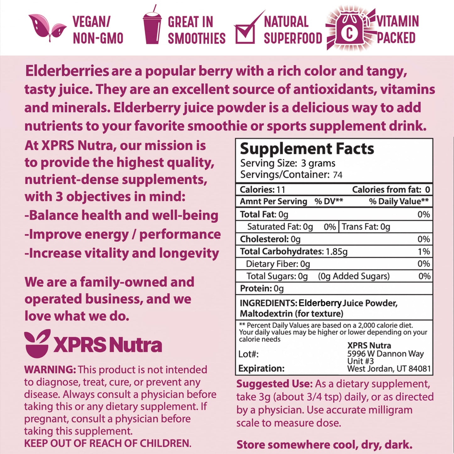 XPRS Nutra Elderberry Juice Powder - Organic Elderberry Powder, Vitamin A & C - 8 oz Pack of 2