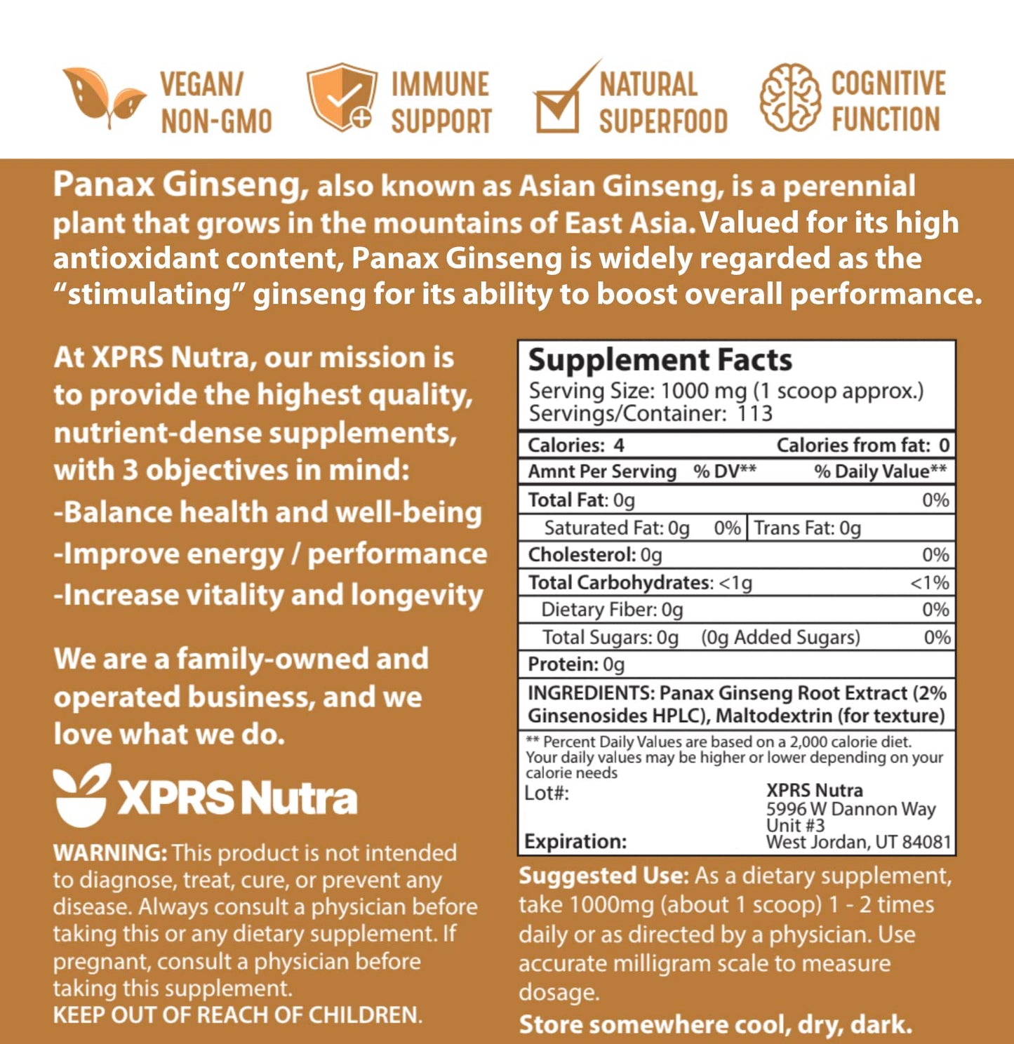 XPRS Nutra Ginseng Root Extract Powder – Panax Ginseng (4 oz) – Immune, Cognition & Performance – Vegan