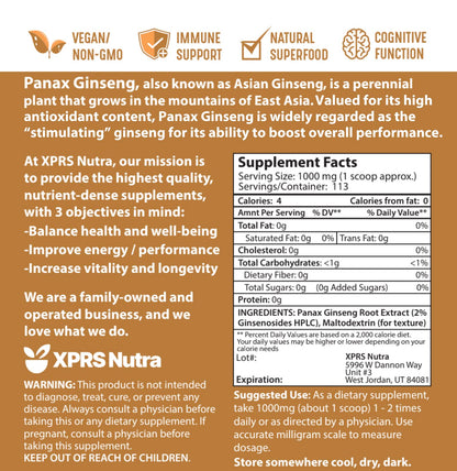 XPRS Nutra Ginseng Root Extract Powder – Panax Ginseng (4 oz) – Immune, Cognition & Performance – Vegan