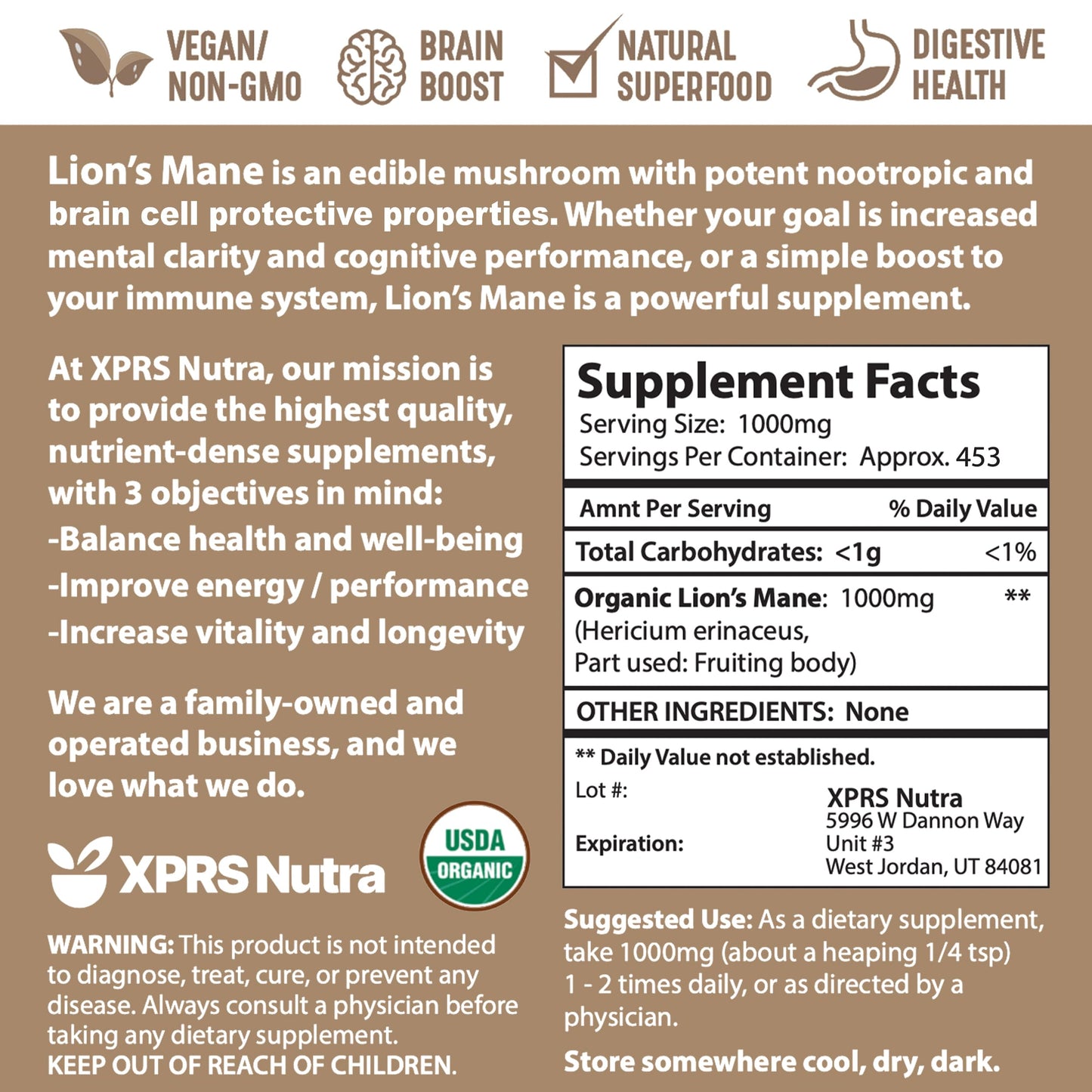 XPRS Nutra Organic Lion's Mane Mushroom Powder – Mental Clarity, Cognition & Immunity (16 oz)