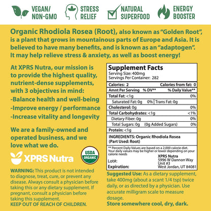 XPRS Nutra Organic Rhodiola Rosea Powder – Premium USDA Organic (4 oz)
