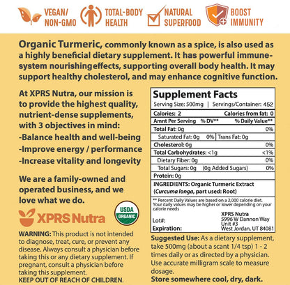 XPRS Nutra Organic Turmeric Curcumin Powder 10:1 – USDA Organic, 8 oz