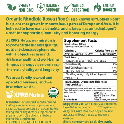 XPRS Nutra Organic Rhodiola Rosea Powder – USDA Organic, Vegan, Cognition & Energy (1 oz)