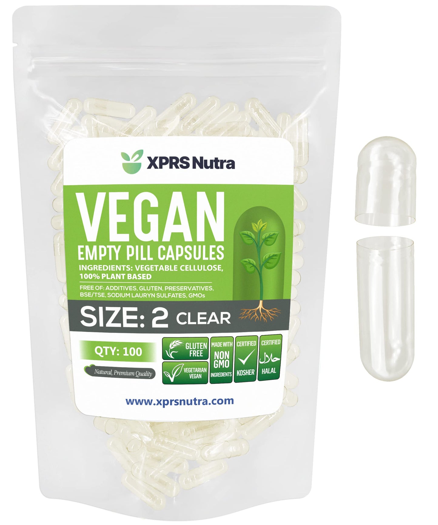 XPRS Nutra Size 2 Empty Capsules – 100 Clear Vegan Capsules for DIY Capsule Filling