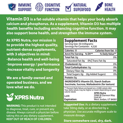 XPRS Nutra Vitamin D3 Powder (Cholecalciferol) - Unflavored 8 oz Pack of 6