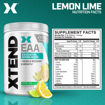 Xtend Scivation EAA + BCAA Powder | 9 Essential Amino Acids | 10g EAAs per 2 Servings | Lemon Lime | 40 Servings