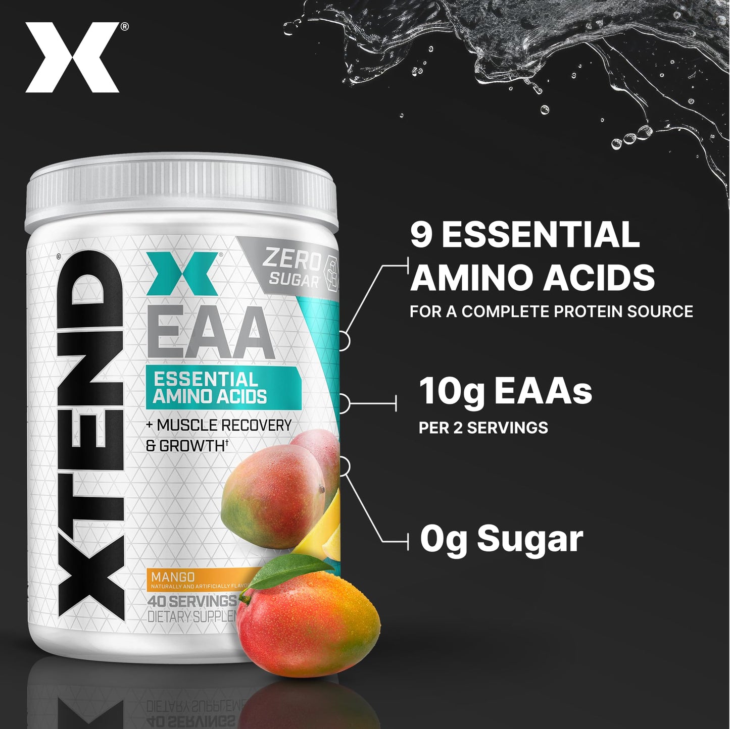 Xtend Scivation EAA + BCAA Powder - 9 Essential Amino Acids, 10g EAAs per 2 Servings, Mango, 40 Servings