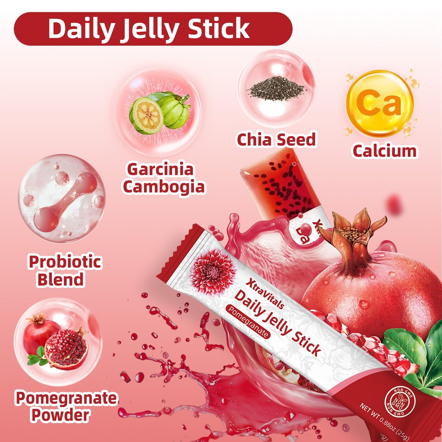 XtraVitals Coleology Cutting Jelly – Korean Jelly Sticks with 1200mg Garcinia Cambogia, Chia, Collagen, Detox & Digestion, Pomegranate Flavor, 10 Sticks