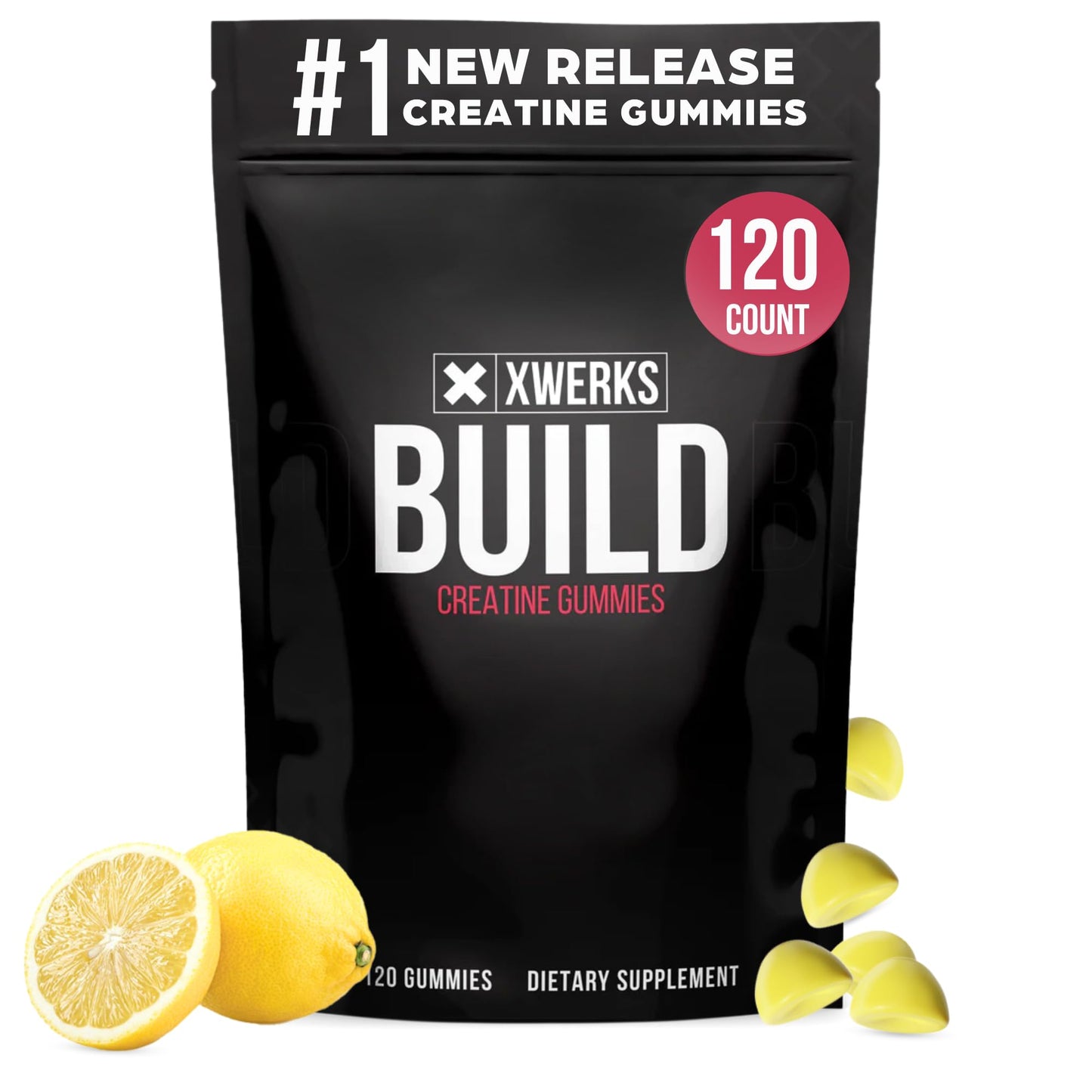 Xwerks Build Creatine Gummies for Men and Women – 120 Count, 1g per Gummy, Lemon Flavor, 4g Total Creatine per Serving