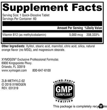 XYMOGEN Methylcobalamin 5,000 mcg Vitamin B12 - 60 Tablets