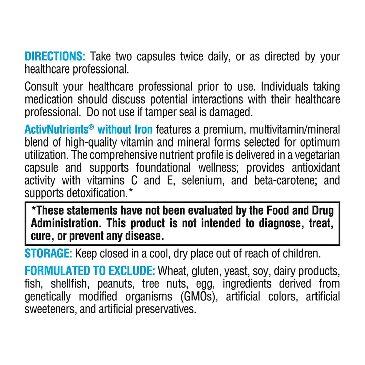 XYMOGEN ActivNutrients Without Iron - Multivitamin & Mineral Support