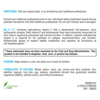 XYMOGEN Bio C 1:1 - High Potency Vitamin C with Citrus Bioflavonoids (90 Capsules) | Immune Support & Collagen Synthesis