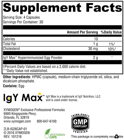 XYMOGEN IG 26 | IgY Max Immune Support – Dairy-Free Colostrum Alternative (120 Capsules)
