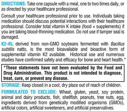 XYMOGEN K2-45 Vitamin K2 MK-7 - Non-GMO Soybeans - Most Bioavailable - 60 Capsules