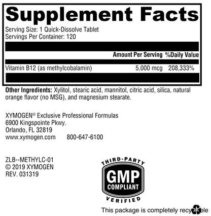 XYMOGEN Methylcobalamin 5,000 mcg – Vitamin B12 Supplement for Methylation, Neurological Health & Immunity (120 Tablets)