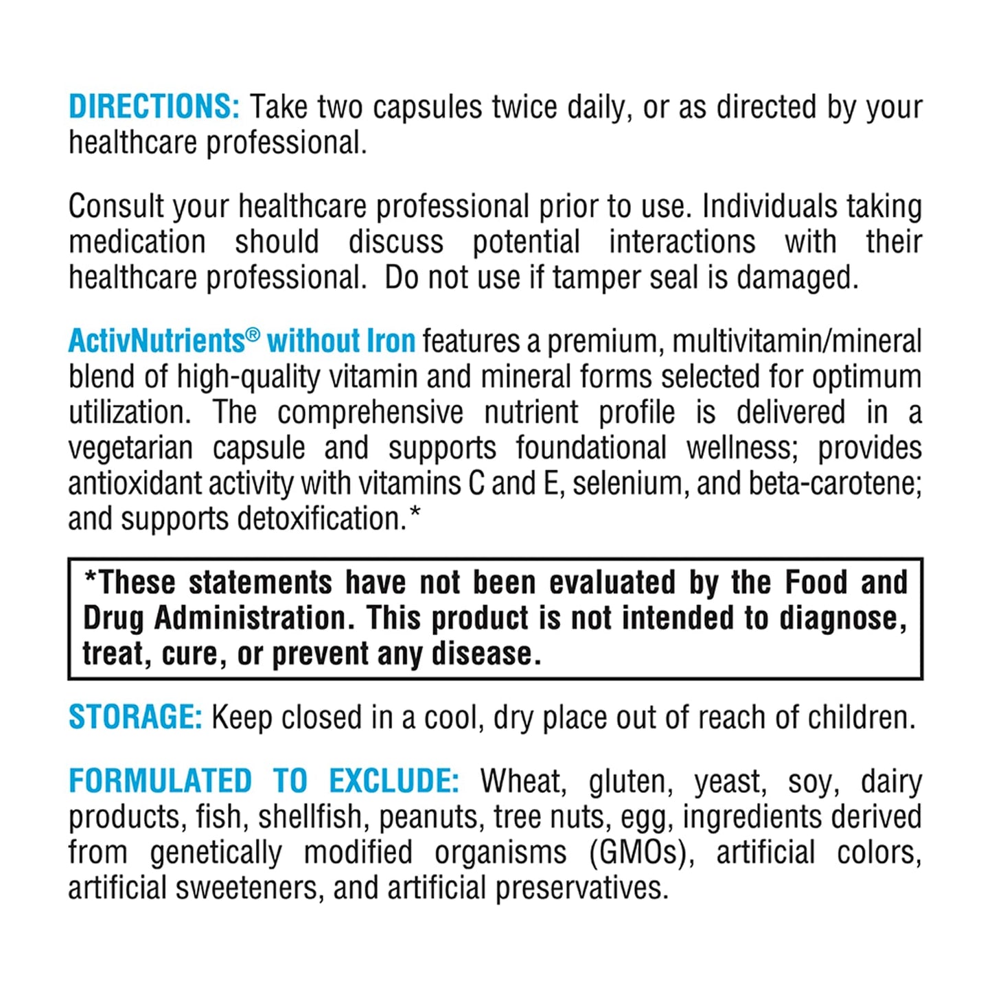 XYMOGEN ActivNutrients Without Iron — Multivitamin & Mineral Blend for Wellness, Immune, Energy & Mood (120 Capsules)