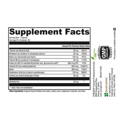 XYMOGEN B Activ Vitamin B Complex with Benfotiamine, Methylfolate, Biotin, B6 & B12 (Methylcobalamin) – Energy & Adrenal Mood Support (90 Capsules)
