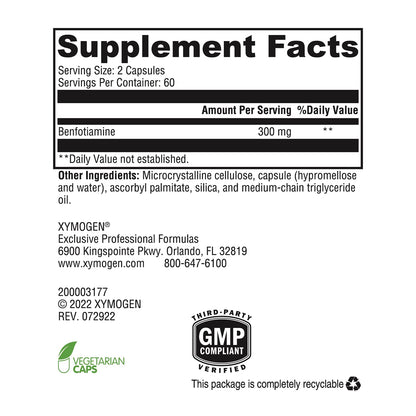 XYMOGEN Benfotiamine 300mg - Highly Bioavailable Thiamine B1 Supplement for Metabolic, Nerve & Vascular Health (120 Capsules)