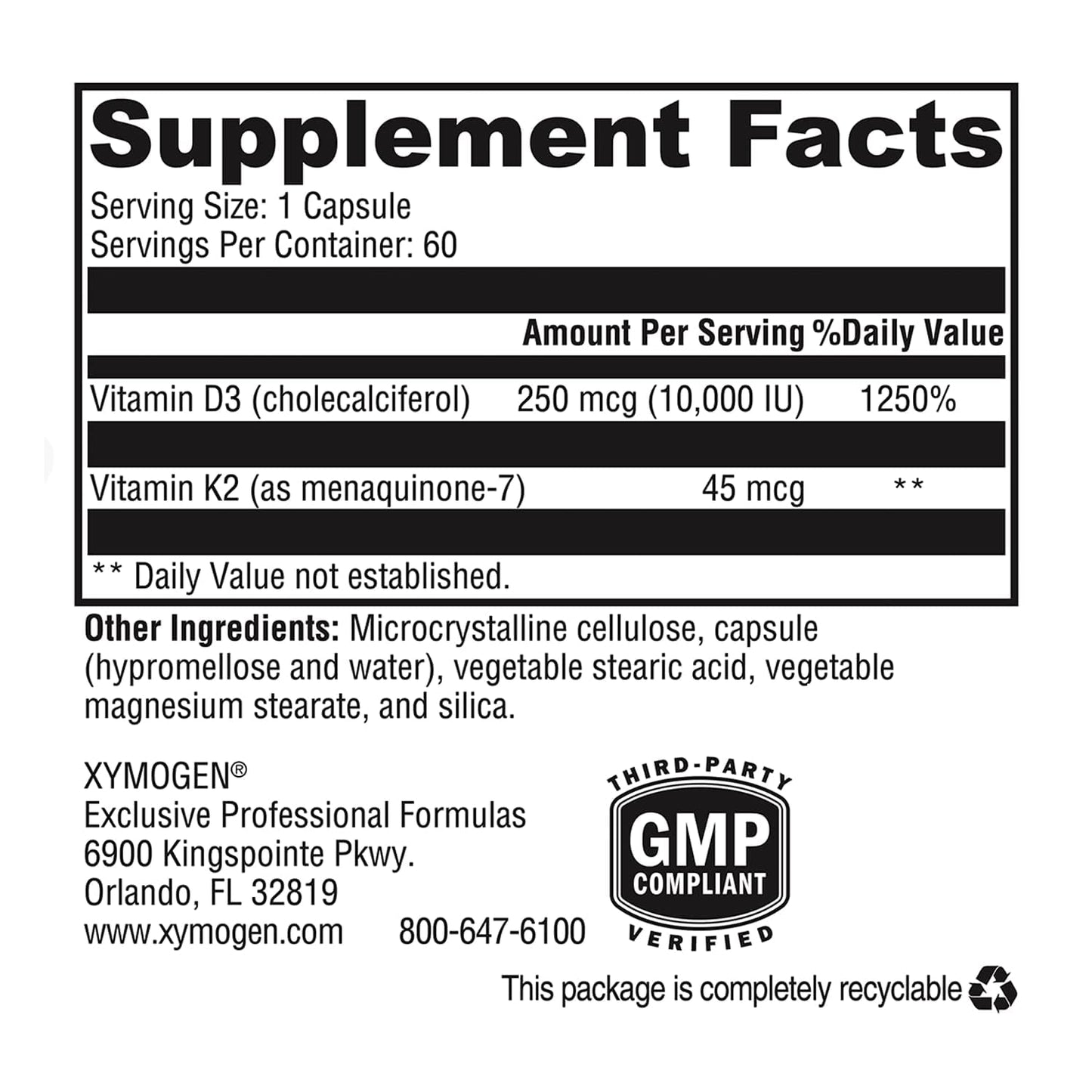 XYMOGEN K2-D3 10000 IU – Bioavailable Vitamin D3 K2 (MK-7) for Bone, Heart & Immune Support | 60 Capsules