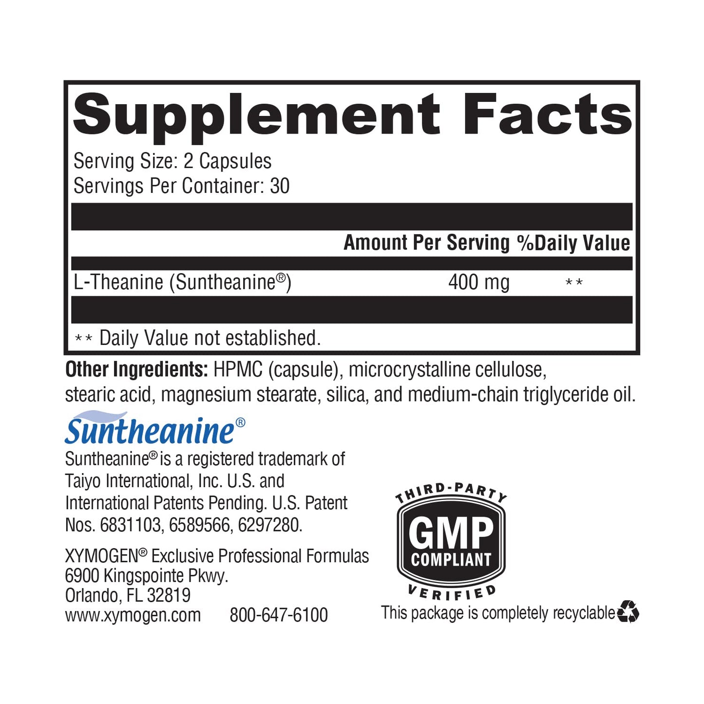 XYMOGEN L-Theanine 400mg – Suntheanine Calm & Relaxation Supplement | 60 Capsules