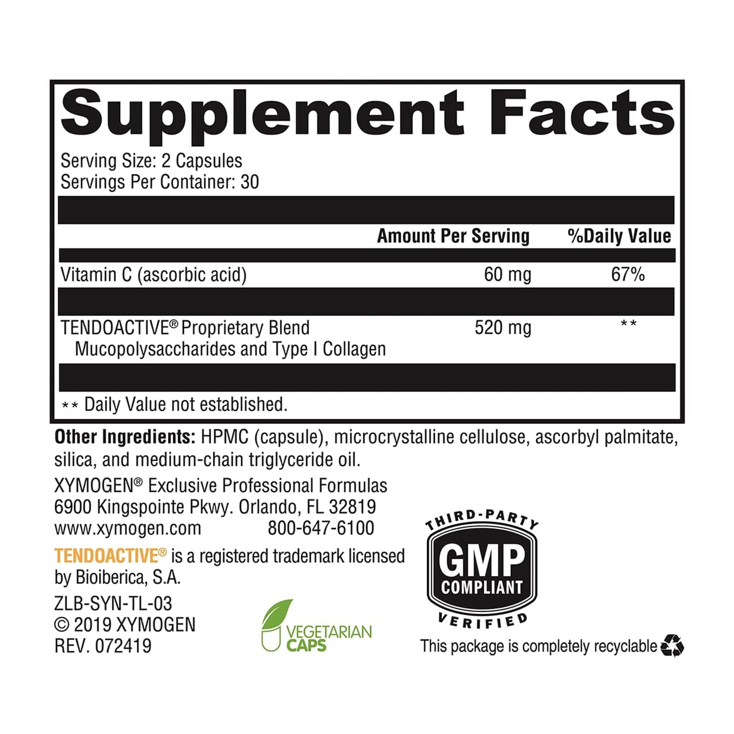 XYMOGEN SynovX Tendon & Ligament - Supports Tendon & Ligament Comfort & Self-Repair (60 Capsules)