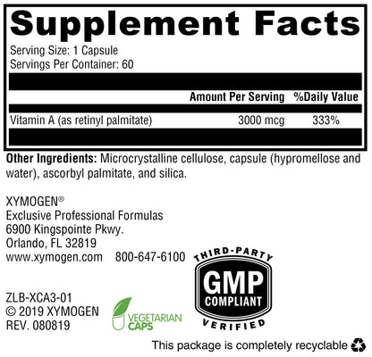 XYMOGEN Xcellent A 3000 - 10,000 IU Vitamin A (Retinyl Palmitate) - 60 Capsules