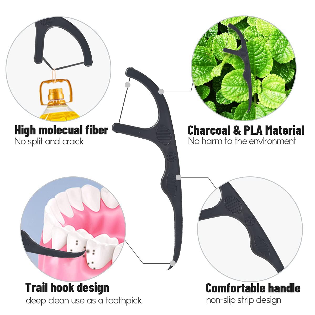 Y-Kelin Natural Dental Floss Picks – Vegan, Eco-Friendly, Black Bamboo Charcoal, Mint, 100 Pcs
