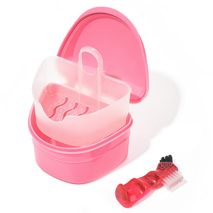 Y-Kelin Denture Bath Box and Denture Brush Set Pink | Denture & Retainer Cleaner