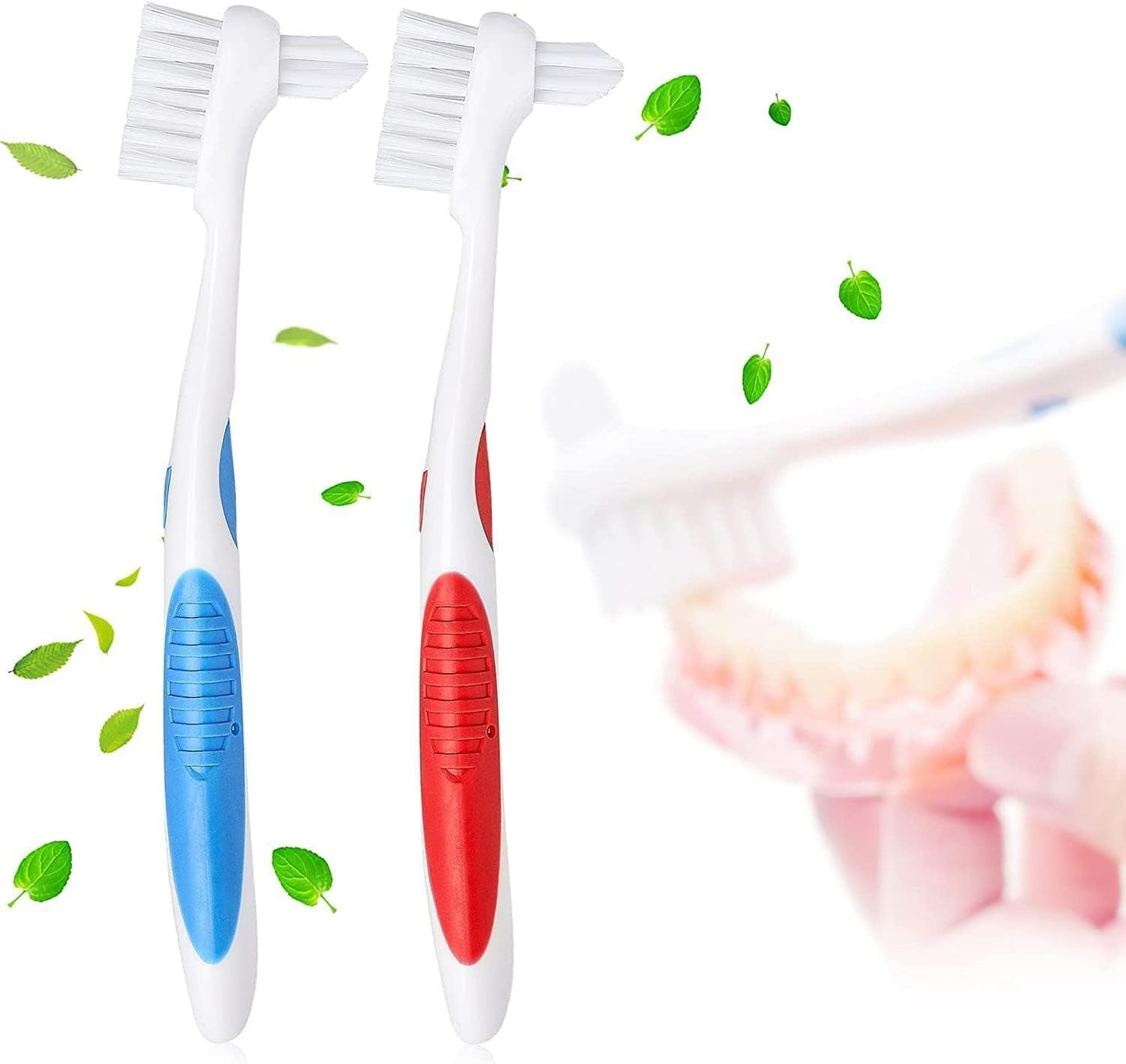 Y-Kelin Denture Brush with Hard Bristles - Dual Head, Non-Slip Rubber Handle (Red & Blue, 2 Pcs)