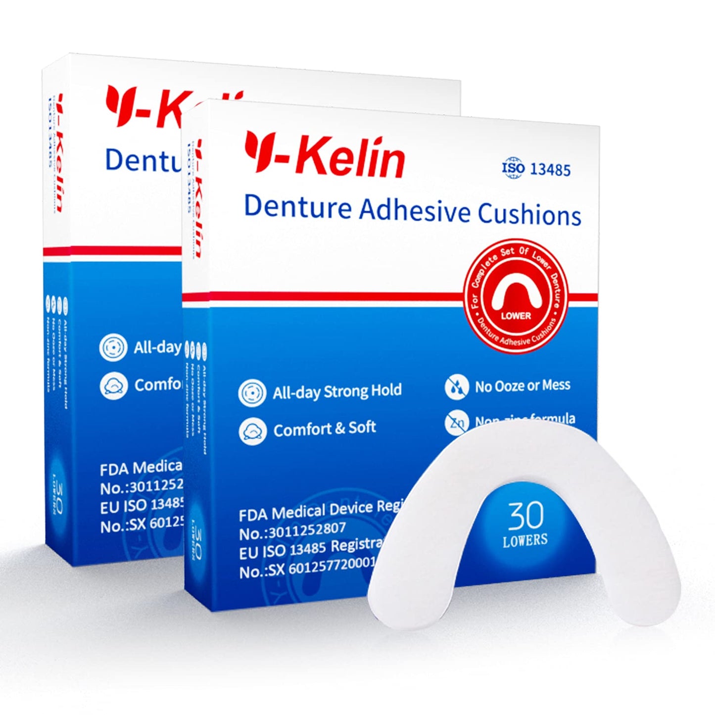 Y-Kelin Lower Denture Adhesive Cushions – Adhesive-Free Pads for Sore Gums (60 Strips)