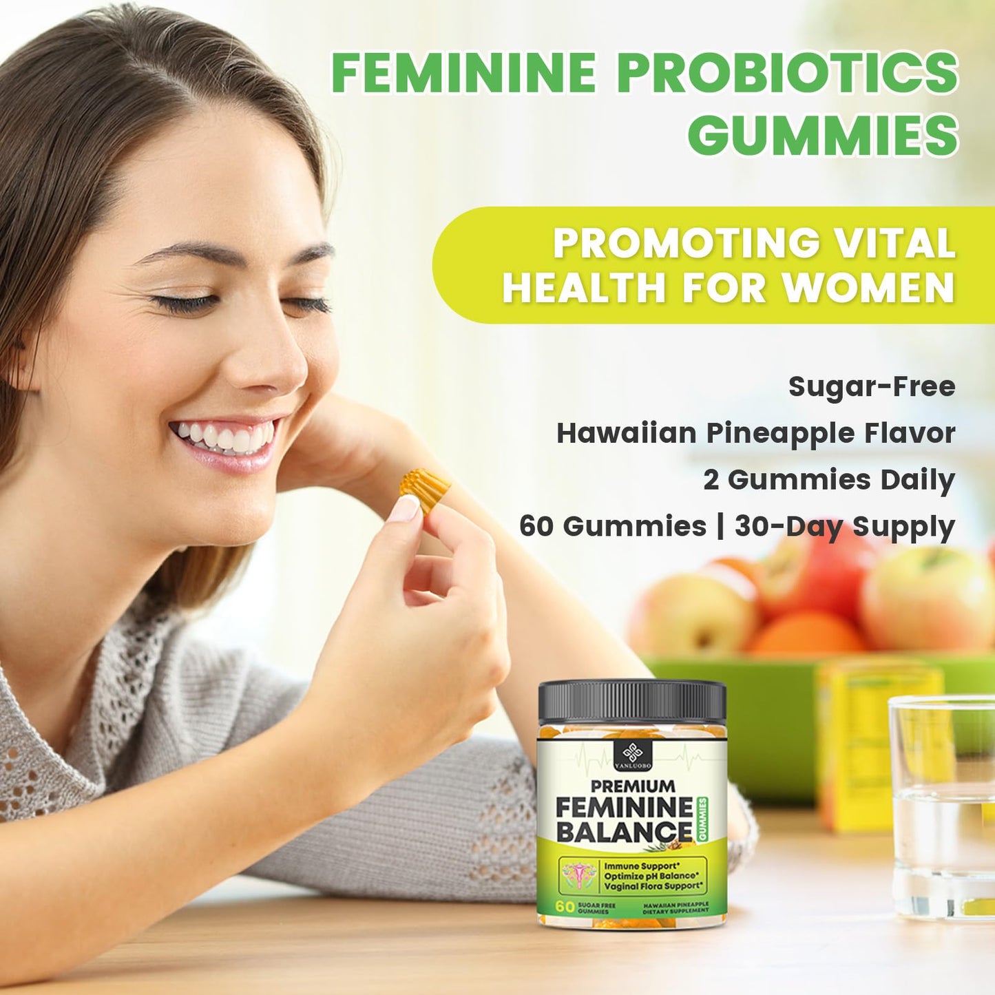YANLUOBO Feminine Balance Probiotic Gummies - Women's Vaginal Health Support | PH Balance & Odor, Flora, Immune Support | Probiotics for Women, Vegan Pineapple Flavor, 120 Count