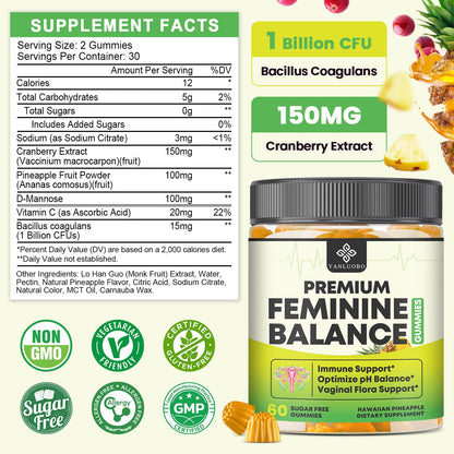 YANLUOBO Feminine Balance Probiotic Gummies - Women's Vaginal Health Support | PH Balance & Odor, Flora, Immune Support | Probiotics for Women, Vegan Pineapple Flavor, 120 Count