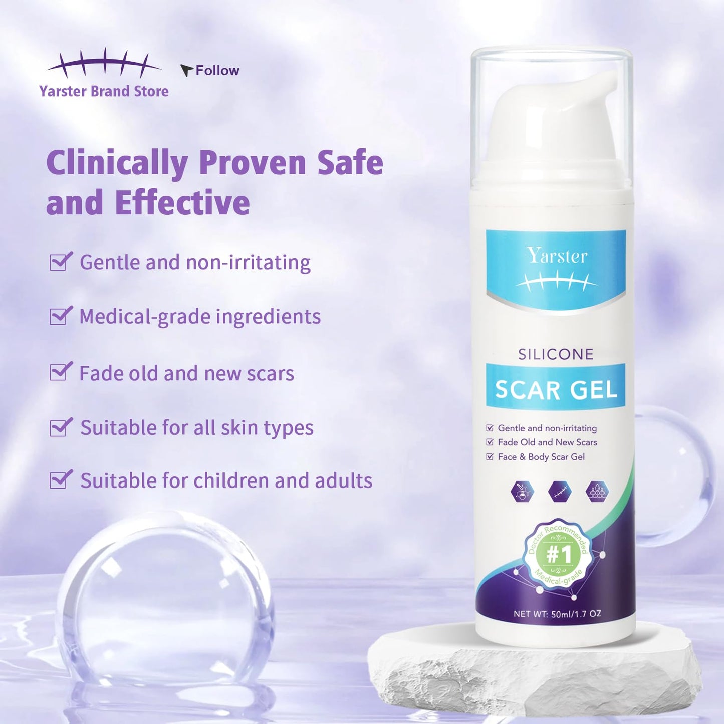 Yarster Silicone Scar Gel - Fade Scars & Stretch Marks, 1.7 oz
