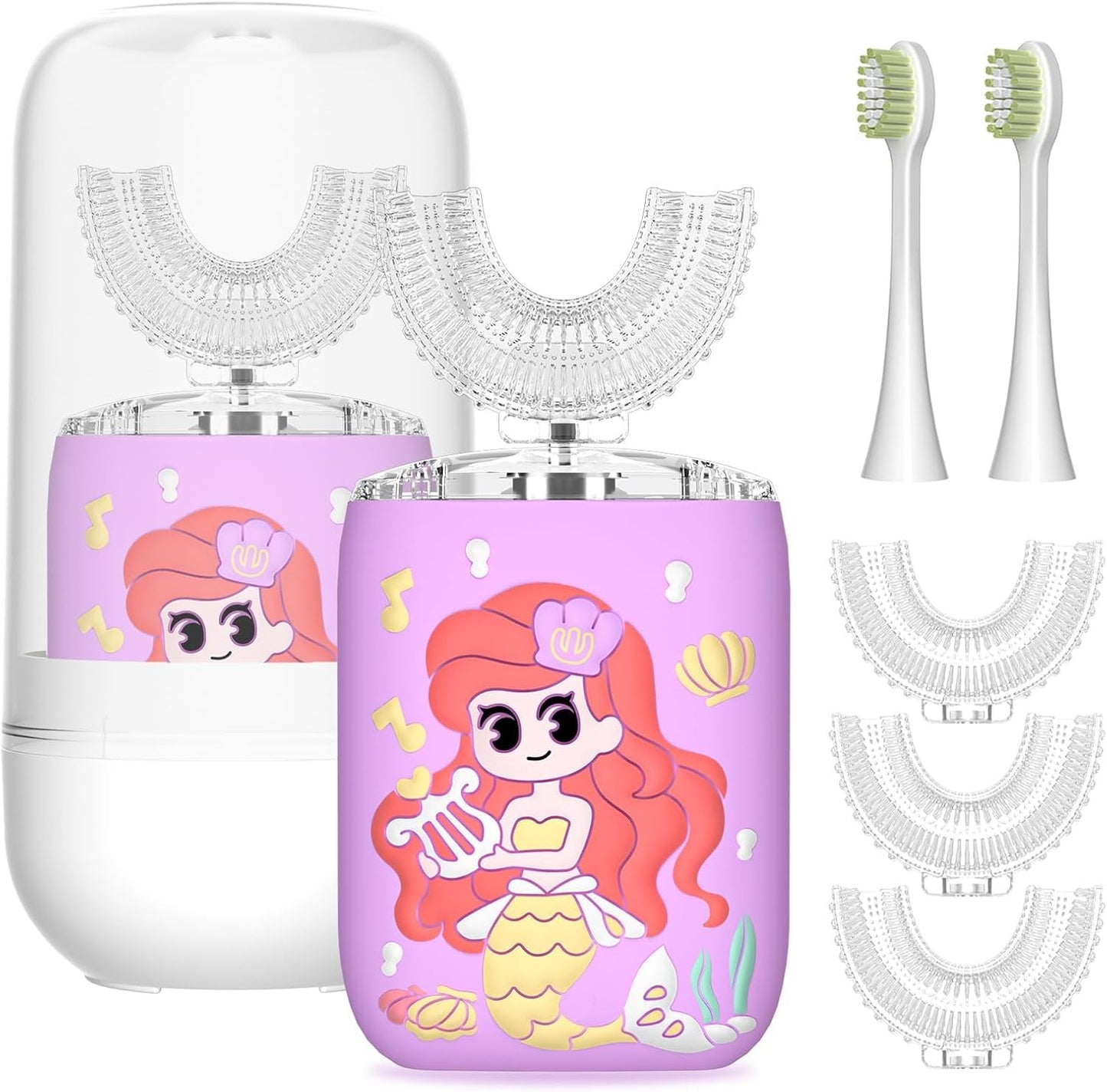 Yeklike Kids U-Shaped Electric Toothbrush Purple – 6 Brush Heads, 6 Sonic Cleaning Modes, Mermaid LED, USB Rechargeable for Ages 2-15