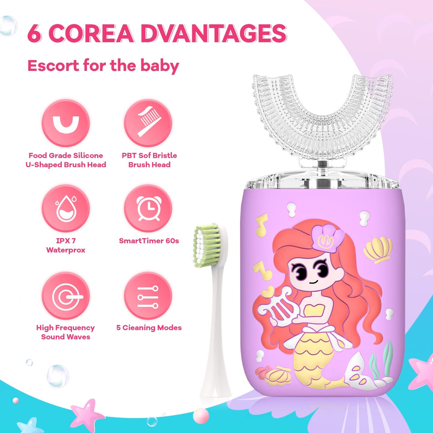 Yeklike Kids U-Shaped Electric Toothbrush Purple – 6 Brush Heads, 6 Sonic Cleaning Modes, Mermaid LED, USB Rechargeable for Ages 2-15