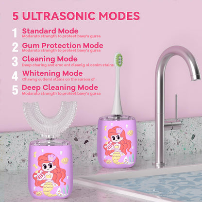 Yeklike Kids U-Shaped Electric Toothbrush Purple – 6 Brush Heads, 6 Sonic Cleaning Modes, Mermaid LED, USB Rechargeable for Ages 2-15