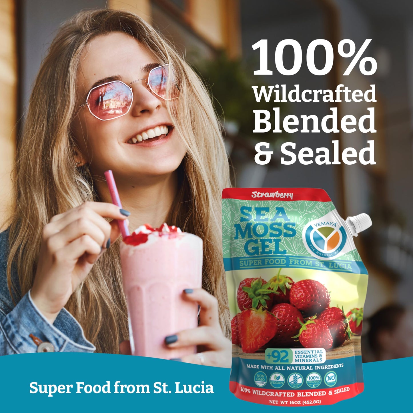 Yemayá Organic Sea Moss Gel – Wildcrafted Raw Seamoss, Strawberry, 16 oz
