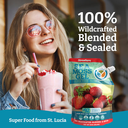 Yemayá Organic Sea Moss Gel – Wildcrafted Raw Seamoss, Strawberry, 16 oz