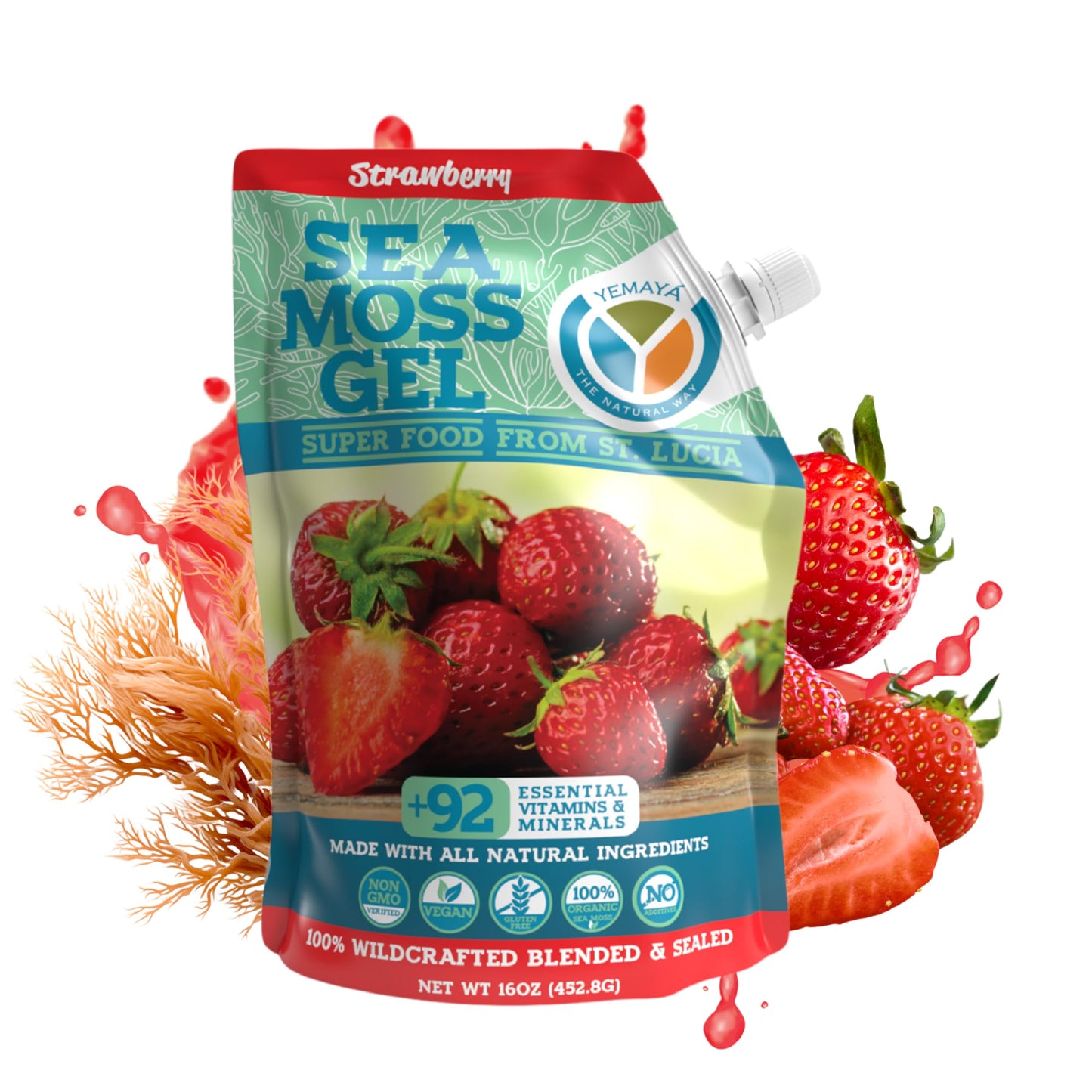 Yemayá Organic Sea Moss Gel – Wildcrafted Raw Seamoss, Strawberry, 16 oz