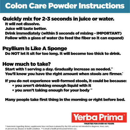 Yerba Prima Prebiotic Colon Care Formula 20 oz Powder (Pack of 2) – Psyllium Husk, FOS, Magnesium, Selenium