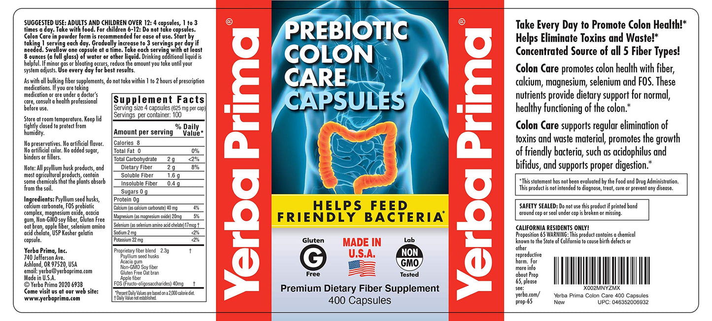 Yerba Prima Colon Care Capsules, 400 Caps – Five Fiber Types + FOS Prebiotics