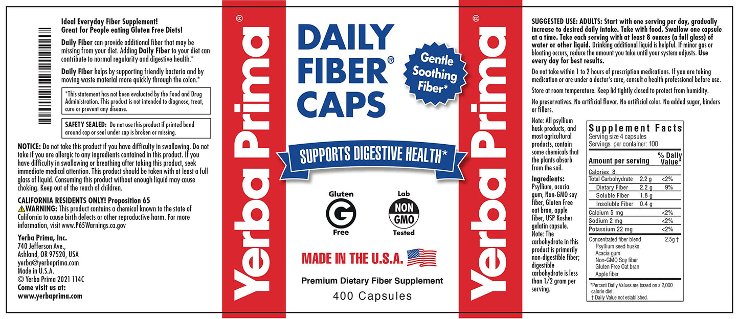 Yerba Prima Daily Fiber Caps Formula - 400 Capsules | Soluble & Insoluble Fiber