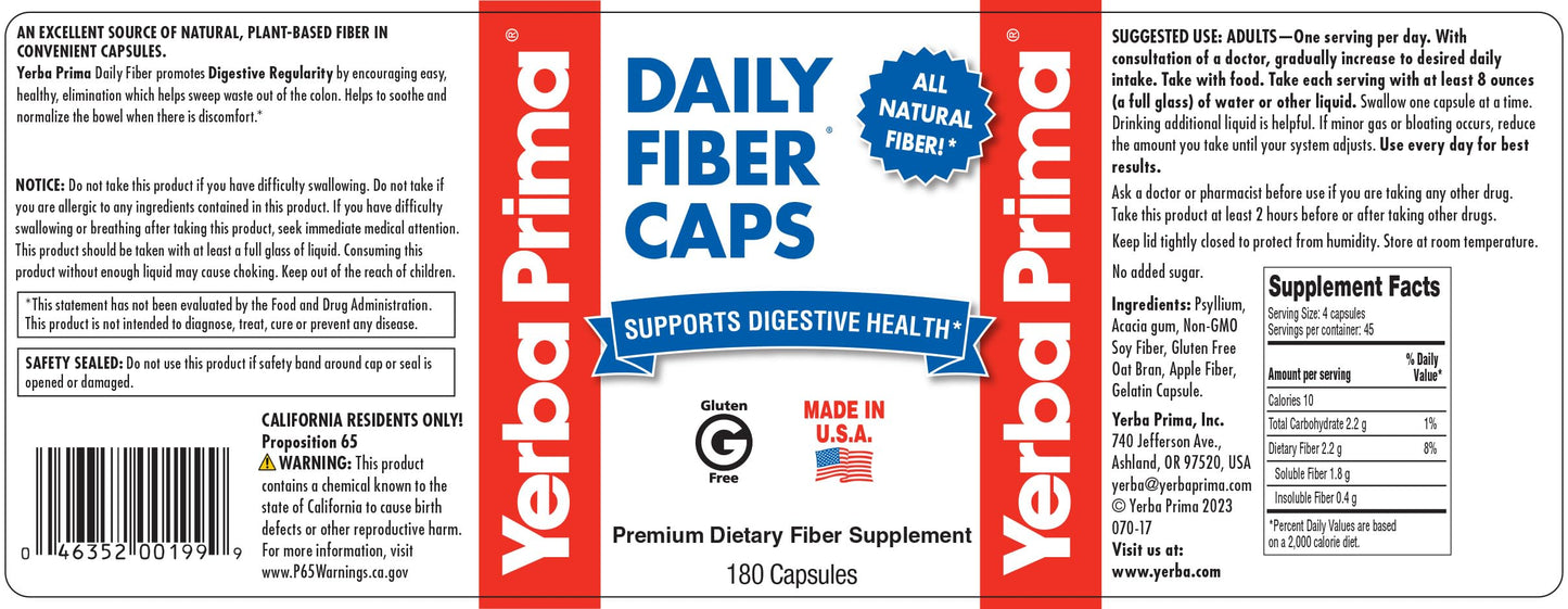 Yerba Prima Daily Fiber Formula - 180 Caps (Pack of 2) | Soluble & Insoluble Fiber