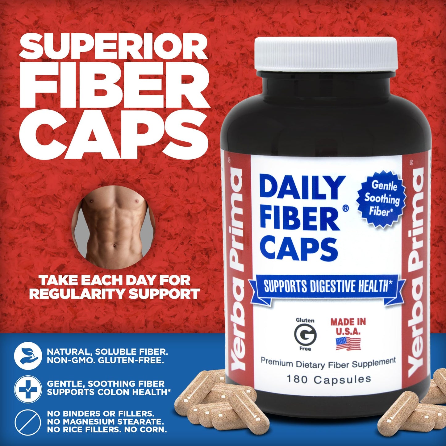 Yerba Prima Daily Fiber Formula - 180 Caps (Pack of 2) | Soluble & Insoluble Fiber