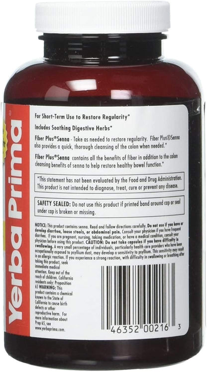 Yerba Prima Fiber Plus Senna Capsules – 180 Count, Gentle Overnight Relief, USA Made, Non-GMO, Gluten-Free