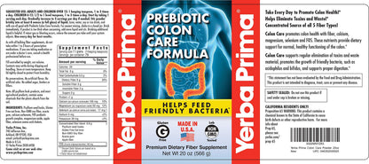 Yerba Prima Prebiotic Colon Care Formula 20 oz Powder (Pack of 2) – Psyllium Husk, FOS, Magnesium, Selenium