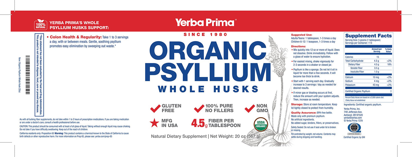 Yerba Prima Organic Psyllium Whole Husks - 20 oz Colon Cleanser | Regularity, Detox, Gluten Free, Non-GMO, Vegan