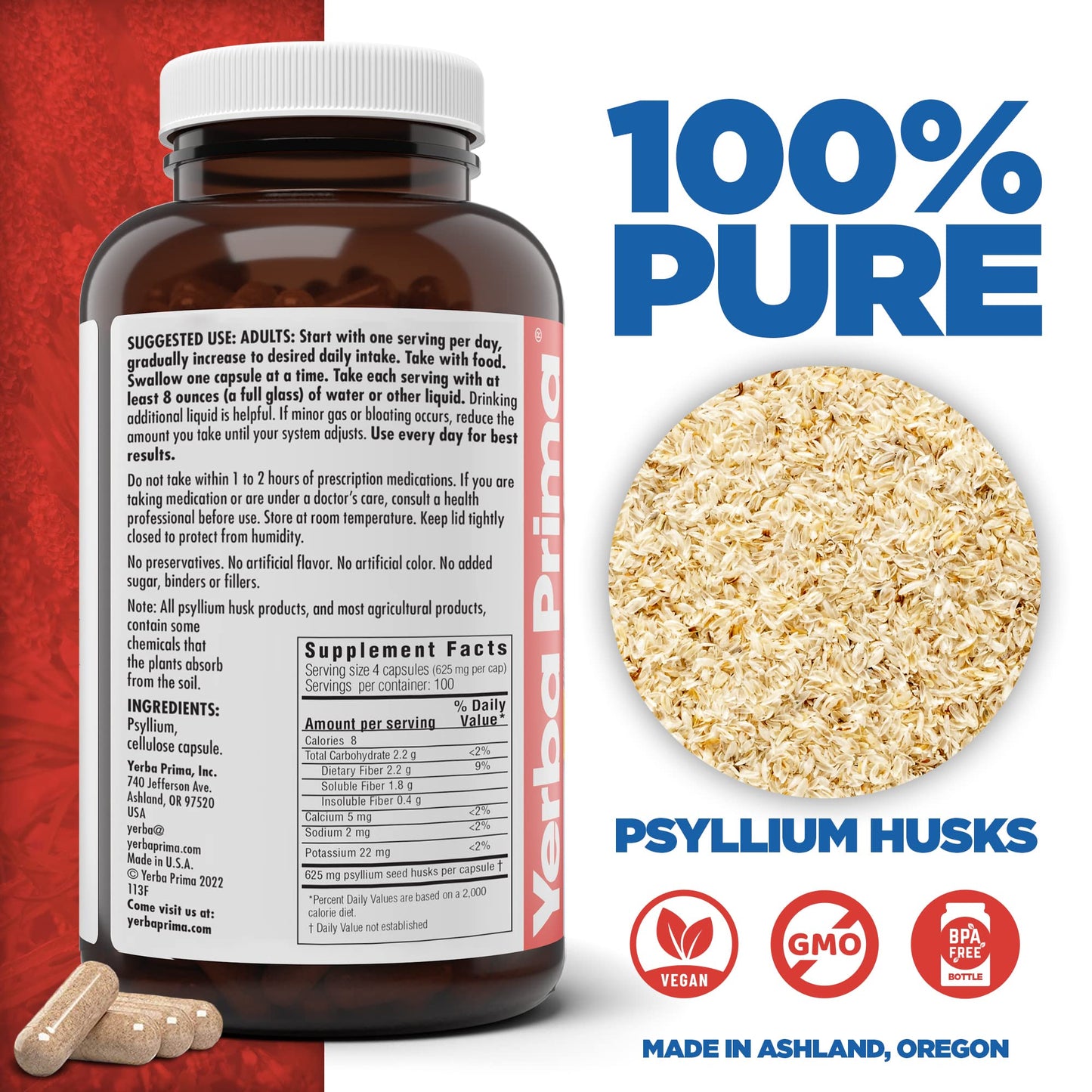 Yerba Prima Psyllium Husk Capsules - 400 Capsules (625 mg) | Vegan, Non-GMO, Gluten Free