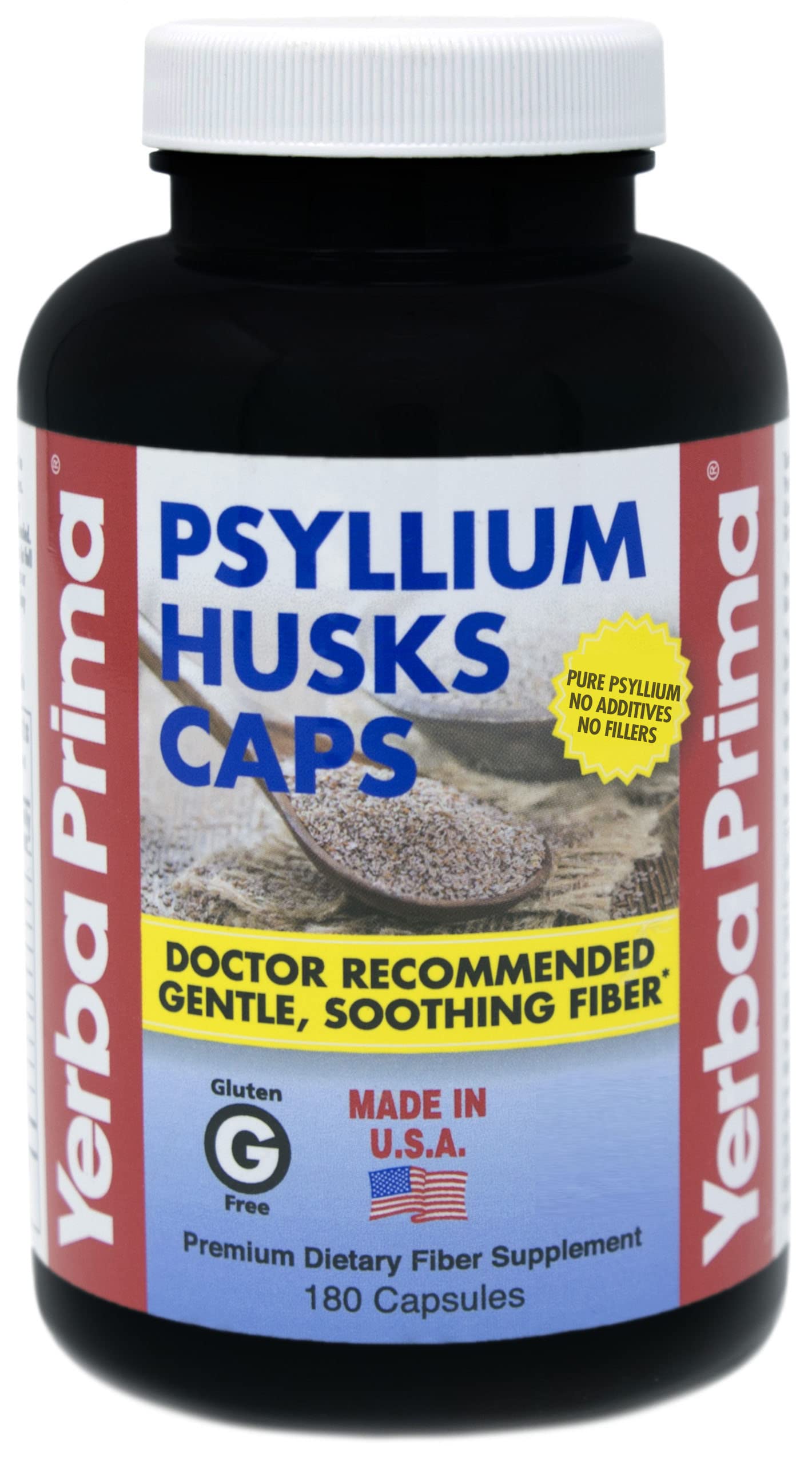 Yerba Prima Psyllium Husk Capsules 625 mg – 180 Count | Colon Cleansing & Gut Health, Non-GMO, Gluten Free