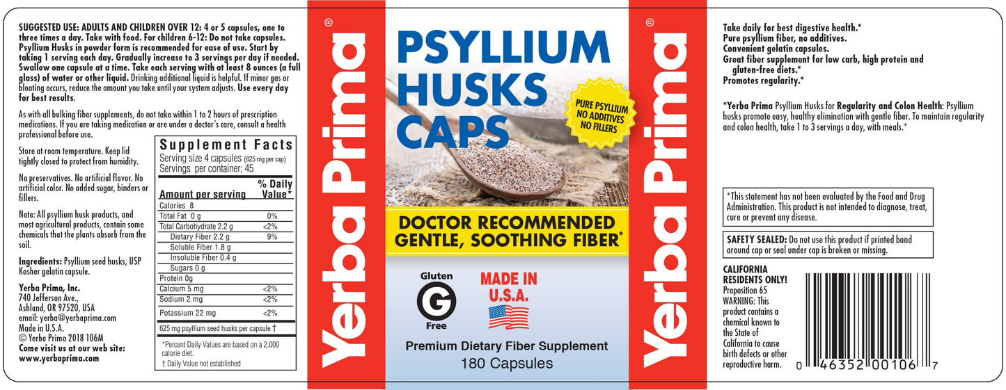 Yerba Prima Psyllium Husk Capsules 625 mg – 180 Count | Colon Cleansing & Gut Health, Non-GMO, Gluten Free